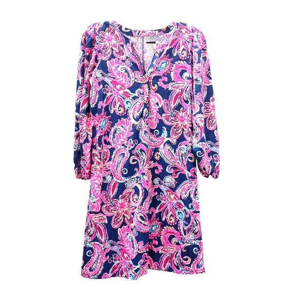 Lilly Pulitzer Emery Dress Medium Multi Pink Navy Flitting About Knit 3/4 Sleeve - Picture 3 of 9